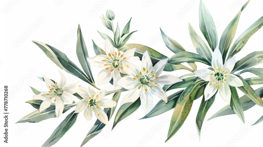 Watercolor edelweiss clipart with small white flowers and green leaves. Watercolor edelweiss clipart with small white flowers and green leaves.