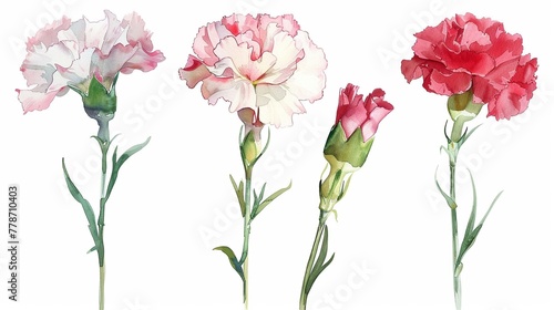 Watercolor carnation clipart in various colors, including pink, red, and white.