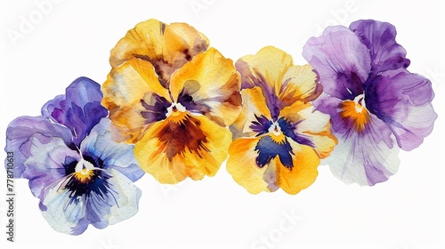 Watercolor pansy clipart in shades of purple  yellow  and white.