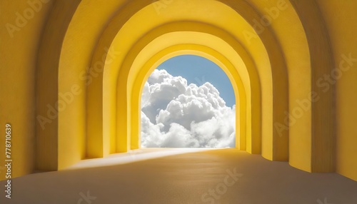  abstract minimal yellow background with white clouds flying out the tunnel