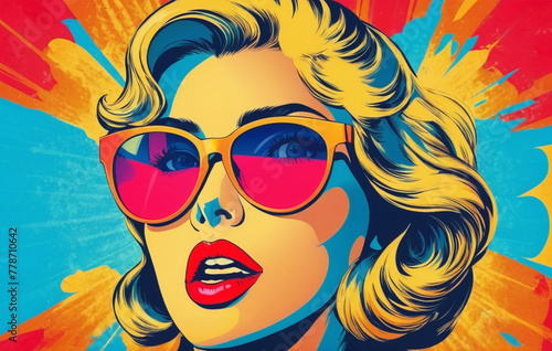 Pop art retro style portrait of a beautiful woman with sunglasses on background in retro comic book style