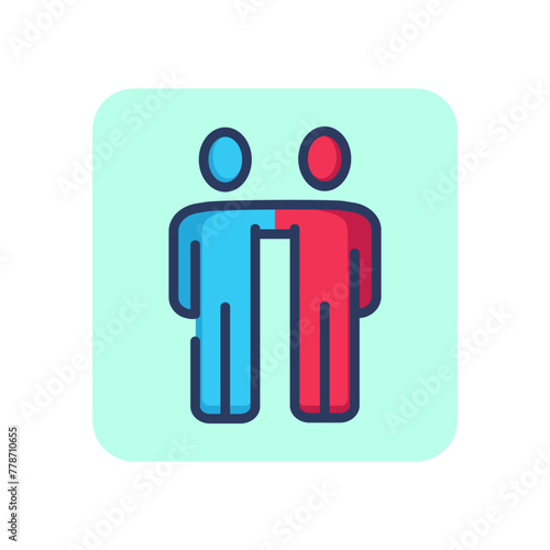 Friends holding hands on shoulders thin line icon. Support, team, friendship outline sign. Friendship and partnership concept. Vector illustration for web design and apps