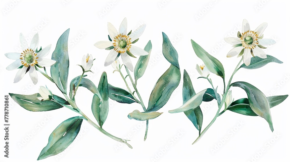 Watercolor edelweiss clipart with small white flowers and green leaves.