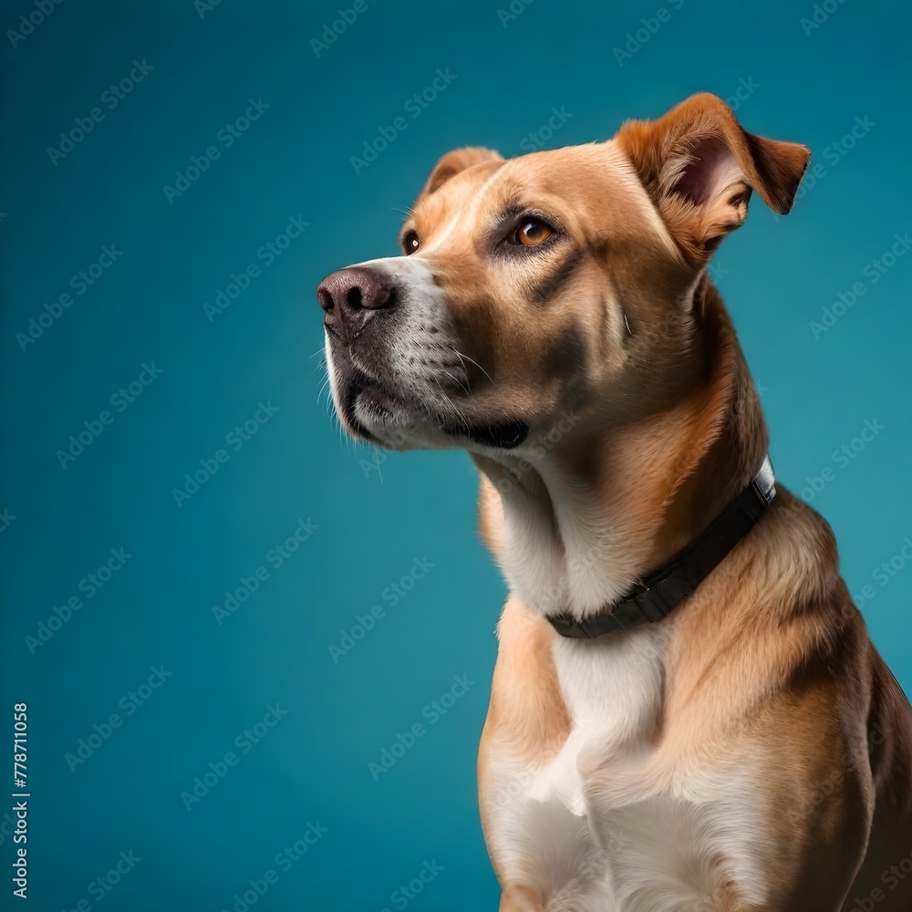A portrait of an AmericanPlanetibull dog looking to the side, sitting on blue background, professional photography, studio light