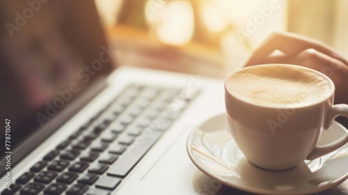Close-up of a person's hand typing on a laptop next to a fresh cup of coffee