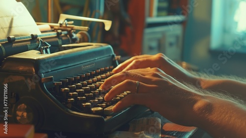 Close-up of a writer's hands using a vintage mechanical typewriter to create nostalgic and traditional documents in a retro office setting