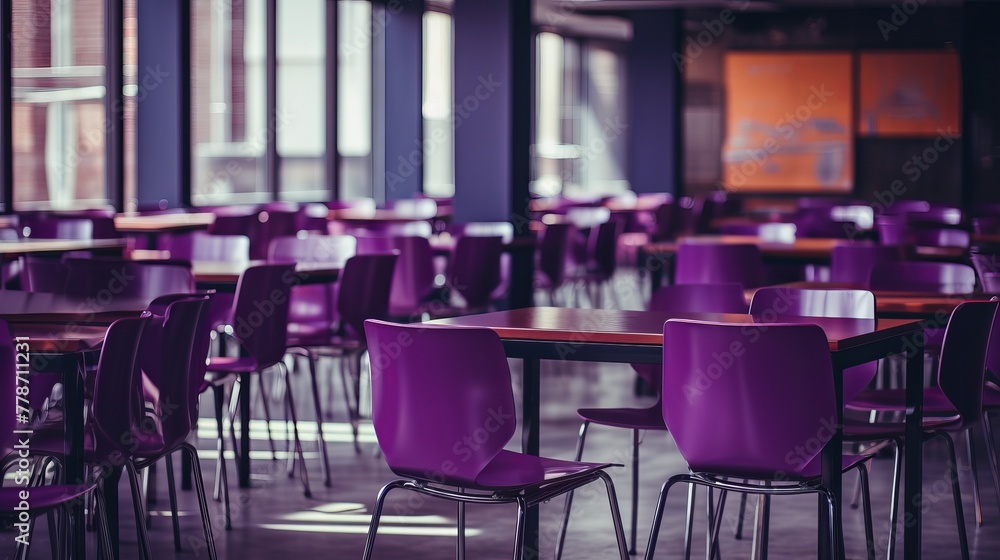 Purple chairs on the tables in restaurant classroom dining View of an empty space