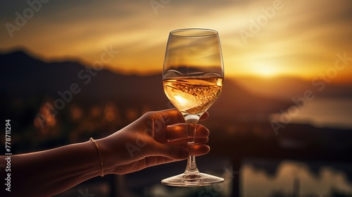 Hand holding glass of sparkling wine in the beauty of evening Enjoying a glass of wine