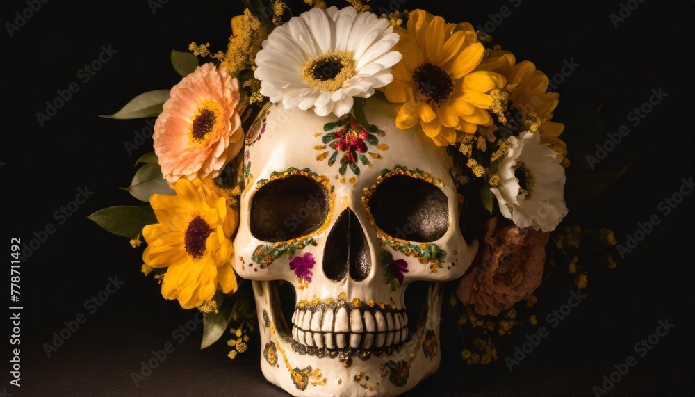 a skull with flowers on it s head and a black background with a black background and a white skull with flowers on it s head generative ai