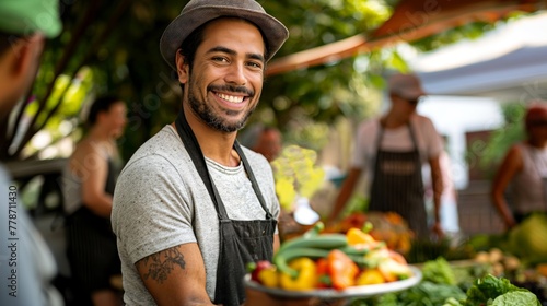 Cheerful entrepreneur stands proudly at his produce stall in a local market