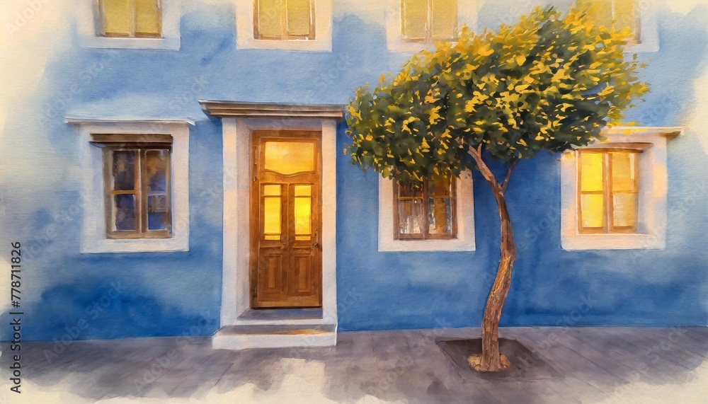 watercolor painting of blue facade of the house with door window and decorative tree
