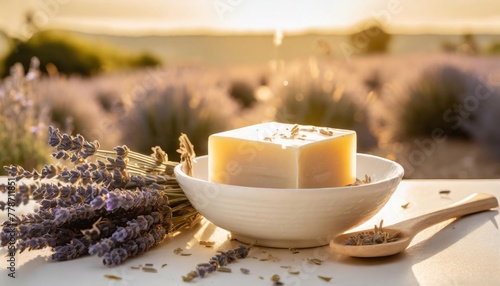 lavender design elements isolated over a transparent background french soap bar from the provence fresh flowers and dried buds in a white bowl fragrance essential oils cosmetics perfumery a photo