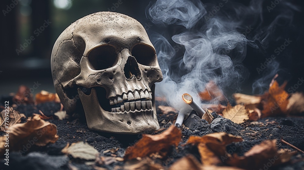 Skull symbolizes smoking dangers leading to cancer and heart disease 
