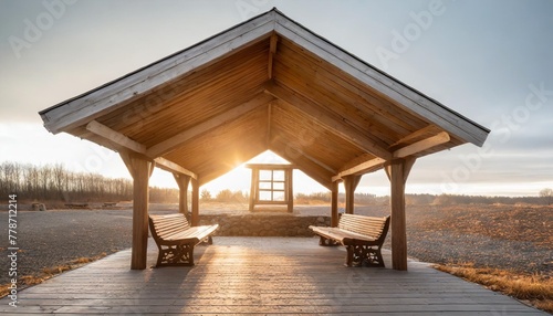 a wooden covered shelter with two benches and a window the bench is empty the shelter is on a white background