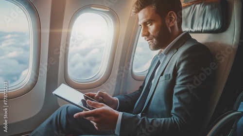 Professional man in a suit using a tablet while seated next to an airplane window, illuminated by soft light