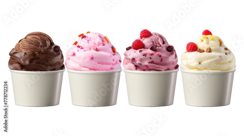 Ice cream scoop on white blank empty paper cup bowl on transparent background. Many assorted different flavour Mockup template for artwork design