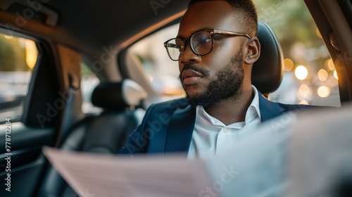 Focused businessman sits in a taxi, intently reviewing papers during his commute