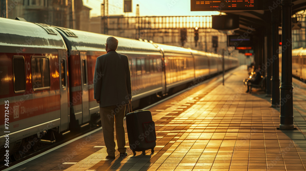 Back view of a businessman with a suitcase waiting on a train station platform during golden hour