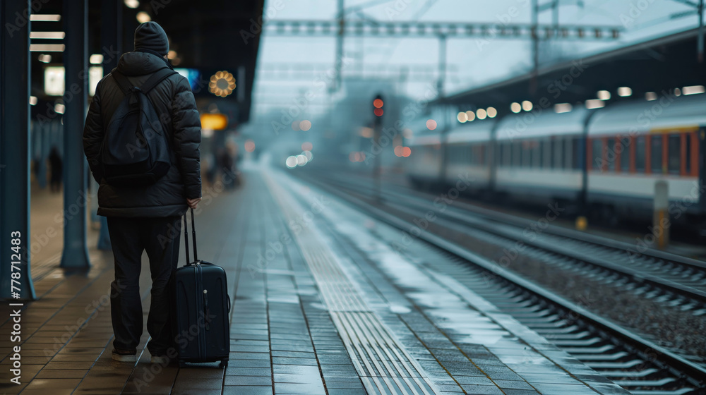 Solitary businessman stands with luggage on a train platform, quietly waiting as evening sets in Solitary businessman stands with luggage on a train platform, quietly waiting as evening sets in