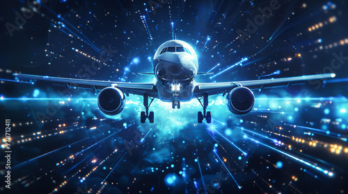 An airplane soars through the sky surrounded by a mesmerizing display of vibrant lights, creating a surreal and enchanting scene