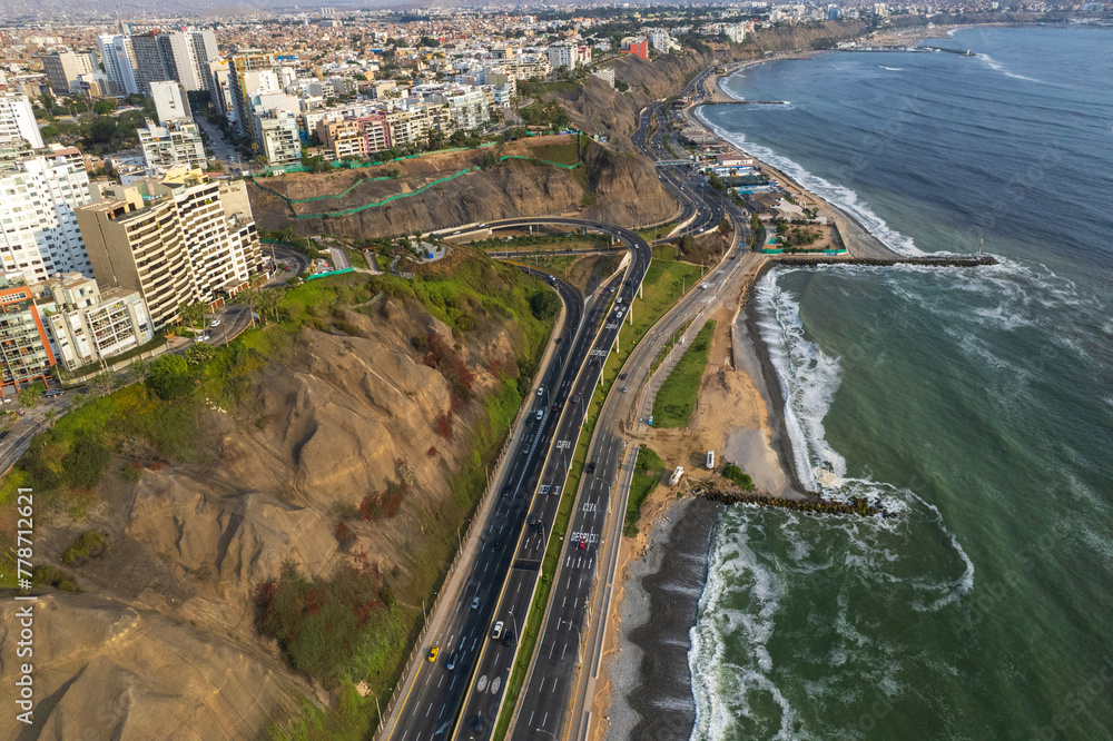 Aerial view of La Costa Verde and the Miraflores boardwalk in Lima