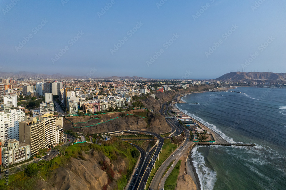 Aerial view of La Costa Verde and the Miraflores boardwalk in Lima