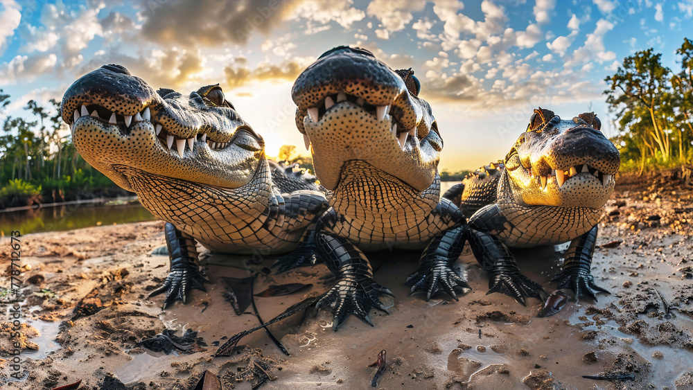 Three alligators sit in the grass with the sun shining in the background Three alligators sit in the grass with the sun shining in the background