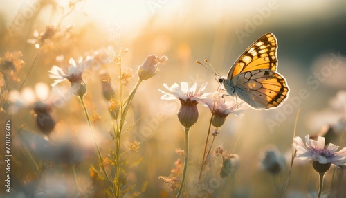 summer wild flowers and fly butterfly in a meadow at sunset macro image shallow depth of field abstract summer nature background © Paris