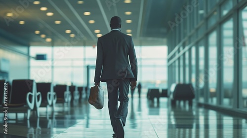 Silhouette of a businessman with a briefcase walking through a modern airport corridor, with seating areas and departure gates