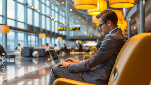 Focused businessman uses his laptop while waiting in a modern airport lounge with warm lighting photo