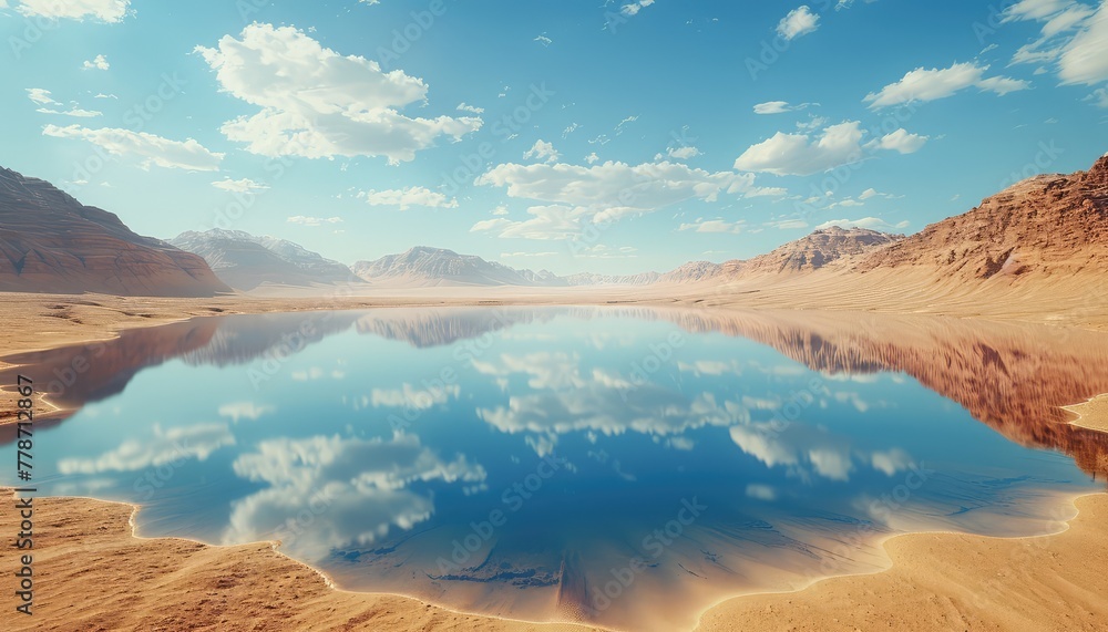 puddle of water in A desert with a shimmering lake