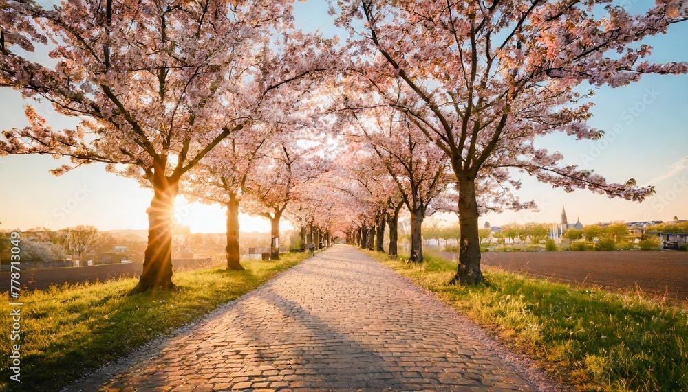 beautiful pink flowering cherry tree avenue in holzweg magdeburg saxony anhalt germany footpath under sunny arch of cherry blossoms