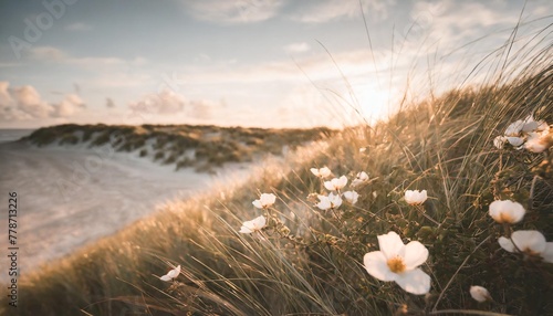 grass dunes of ameland with rose hips photo