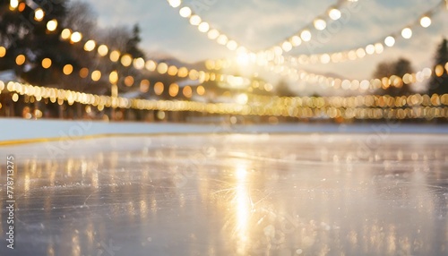 empty ice skating arena festive background with lights reflecting on the surface of the ice on the skating rink winter holidays theme bokeh lights copy space