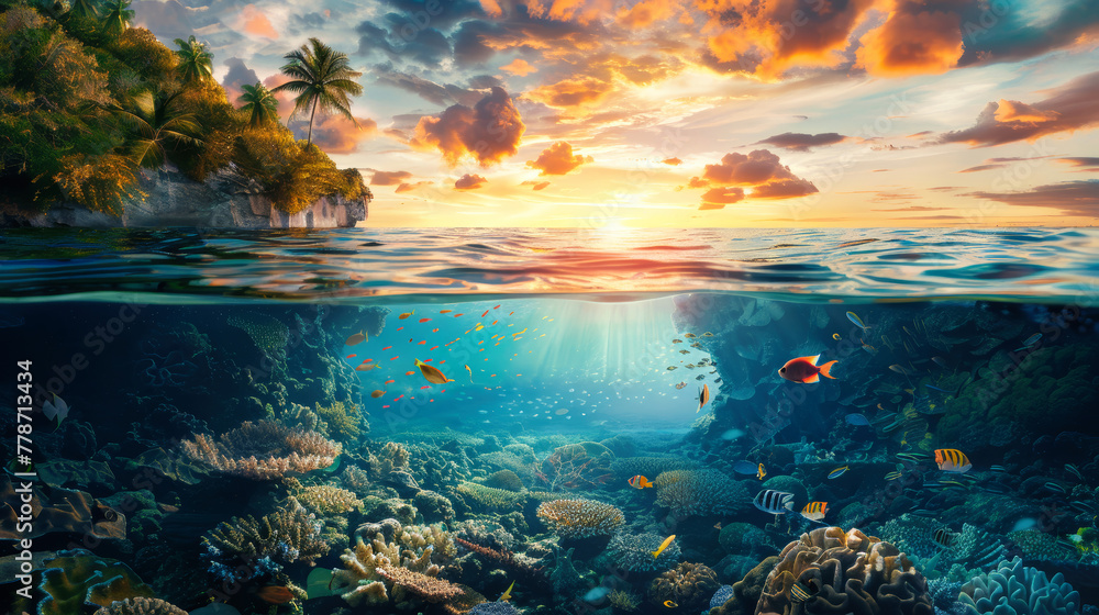 An underwater view of a vibrant coral reef teeming with marine life, set against a colorful sunset sky in the background