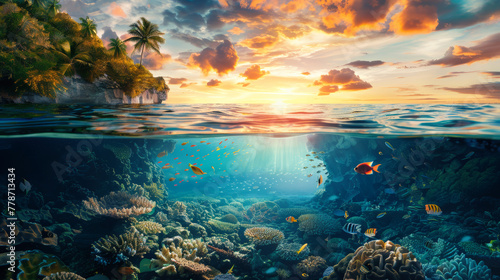An underwater view of a vibrant coral reef teeming with marine life, set against a colorful sunset sky in the background © Anoo