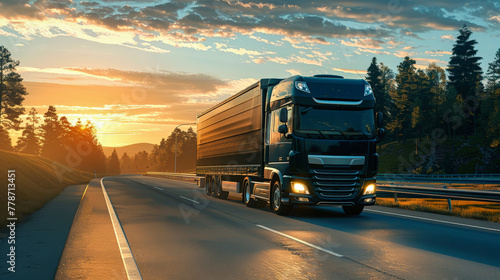 A cargo semi-truck drives down a highway during sunset, with the orange glow of the setting sun in the background