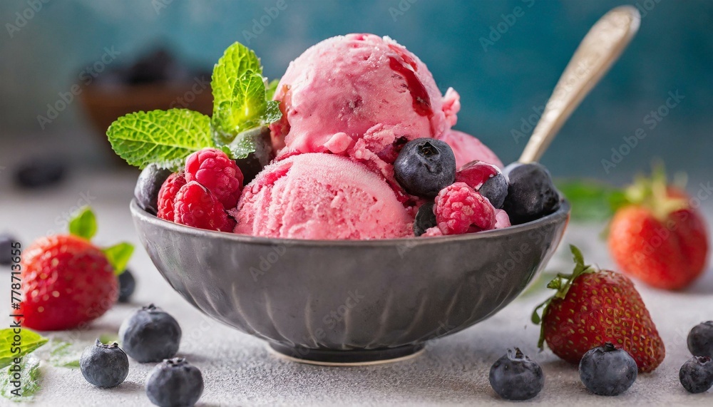 Berry Ice Cream Served in a Bowl, Close-up Perspective Berry Ice Cream Served in a Bowl, Close-up Perspective