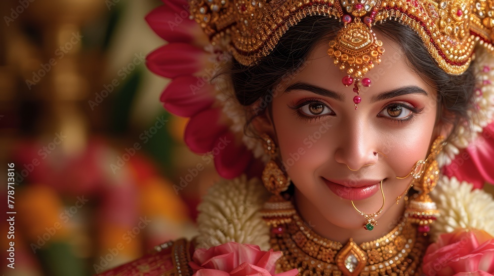 a close up of a woman's face with a flower in her hair and a necklace around her neck. a close up of a woman's face with a flower in her hair and a necklace around her neck.