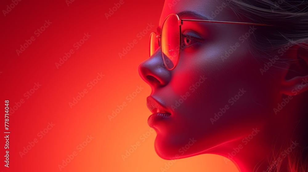 a close up of a person wearing glasses and a red background with the image of a woman's face.