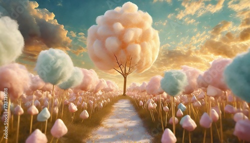 a fairy tale landscape full of sweets candies and cotton candy creates a whimsical and fantastical scene generative ai