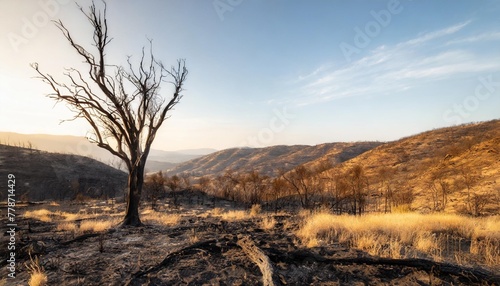 devastated scorched earth in the valley burnt trees burnt vegetation and grass dead landscape with the remains of large tree intense atmosphere burned charred fire photo