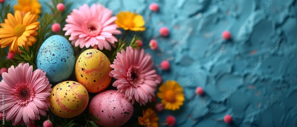 a bouquet of flowers with painted eggs and daisies on a blue background with pink, yellow, and orange flowers. a bouquet of flowers with painted eggs and daisies on a blue background with pink, yellow, and orange flowers.