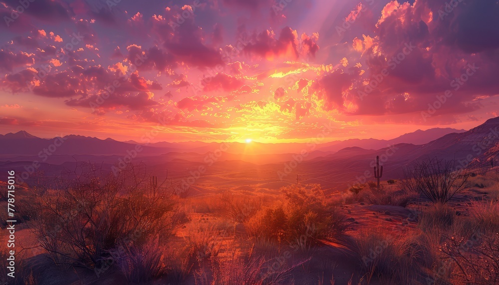 Desert Sunset, Vibrant hues of orange and pink painting the sky as the sun dips below the horizon, casting a warm glow over the arid landscape
