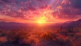 Desert Sunset, Vibrant hues of orange and pink painting the sky as the sun dips below the horizon, casting a warm glow over the arid landscape