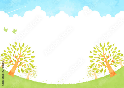 木と草原と青空の風景イラスト