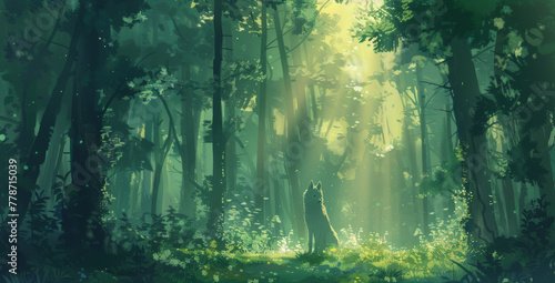 Enchanted forest illuminated by sunlight with a mythical wolf protagonist in an anime style