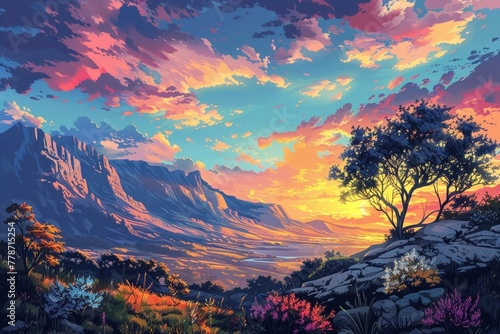 Górski krajobraz o zachodzie słońca