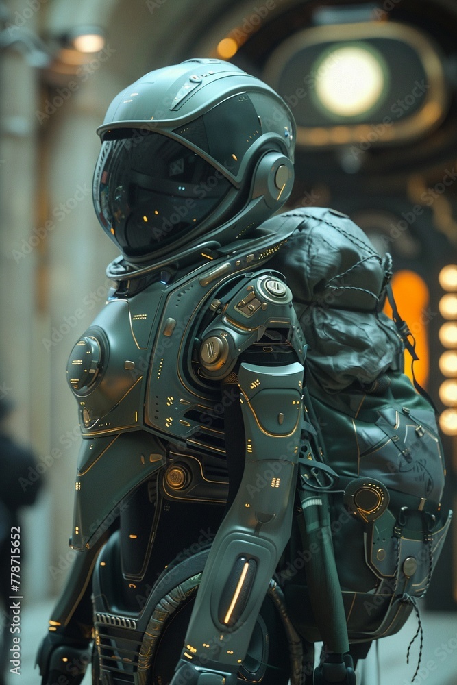 A futuristic character with a bassinet attached to their back, symbolizing new beginnings and nurturing care A futuristic character with a bassinet attached to their back, symbolizing new beginnings and nurturing care