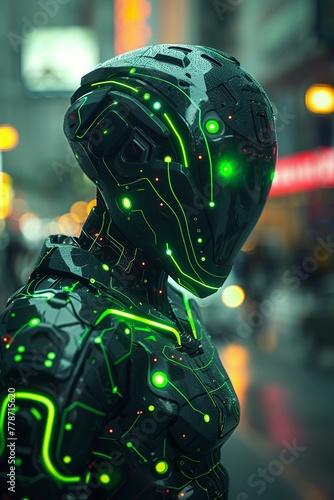 A cybernetic being with neon green circuitry peeking out from beneath their skin, zooming down the street on a digital bike